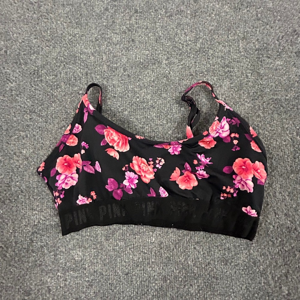 PINK Sport Bralette Womens Size XS Black Pink Floral Logo Band Athletic Yoga